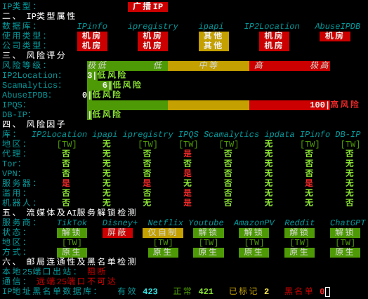 AkileCloud中国台湾VPSIP质量与风险检测